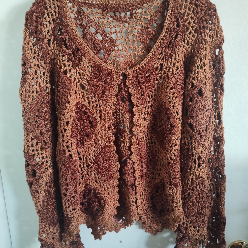 Hand-Knitted V-Neck Cardigan with Intricate Lacework